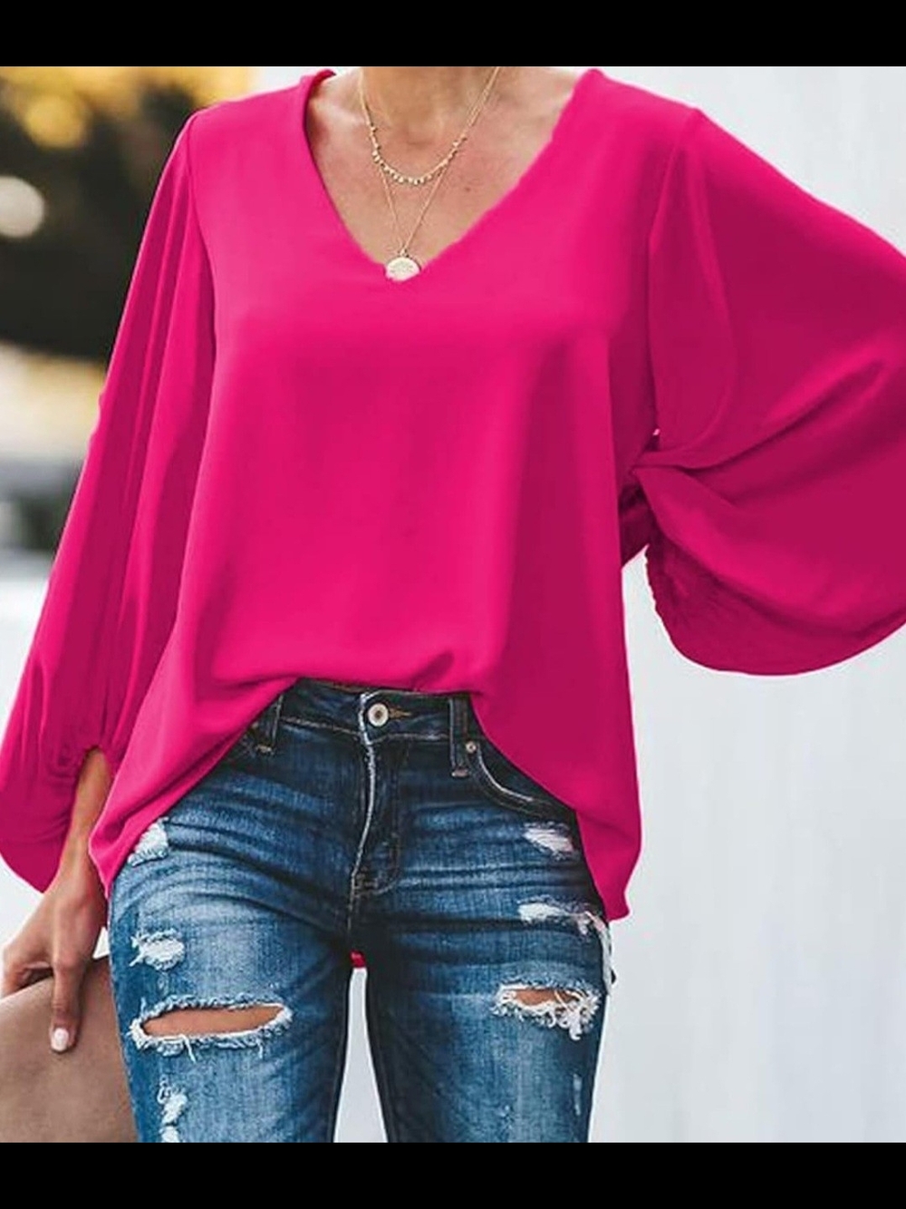 V-Neck Balloon Sleeve Tunic in Fuchsia
